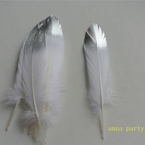100 pcs silver Dipped feathers - white with silver tip GOOSE feathers loose 5-8inch for craft supply