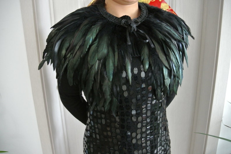 Black feather cape top feather jacket feather shawl rooster feather cape image 1