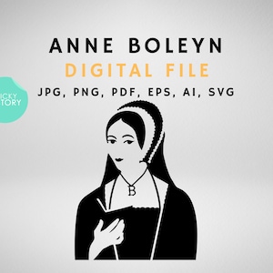 Puede incluir: Ilustración digital en blanco y negro de Ana Bolena, la segunda esposa del rey Enrique VIII, sosteniendo un libro. La ilustración está en un estilo simple y minimalista. El texto "STICKY HISTORY" aparece en un círculo turquesa en la esquina superior izquierda. El texto "ANNE BOLEYN DIGITAL FILE JPG, PNG, PDF, EPS, AI, SVG" aparece en texto negro y naranja en la parte superior de la imagen.