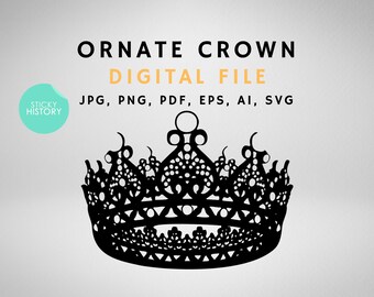 May include: A black ornate crown with intricate details, including circles and triangles. The crown is a digital file available in JPG, PNG, PDF, EPS, AI, and SVG formats.