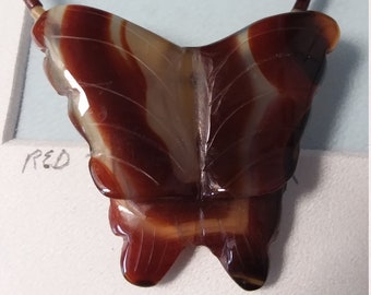 Vintage Large Hand Carved Agate Butterfly Necklace Sterling Clasp