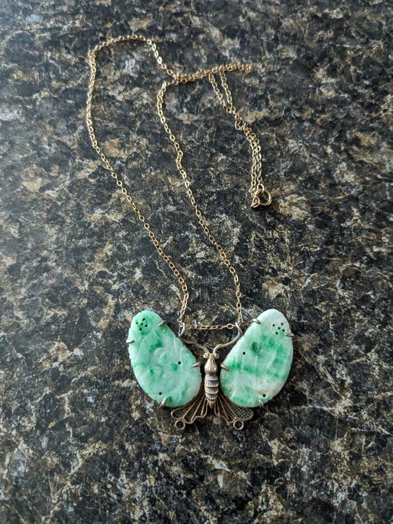 Vintage Sterling and Jadeite Carved Butterfly Nec… - image 6