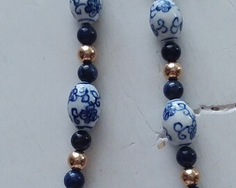 Vintage Blue and White Asian Motif Hand Painted Glass and Sodalite Beaded Necklace Sterling Clasp