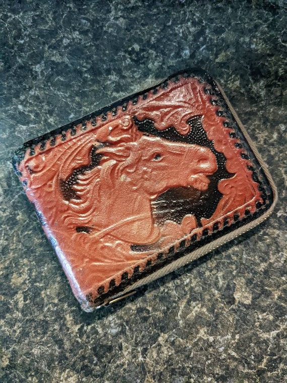 Vintage Leather Tooled Zipper Wallet Horse Gem