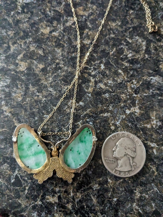 Vintage Sterling and Jadeite Carved Butterfly Nec… - image 2