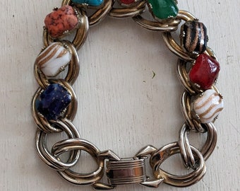 Vintage Glass Faux Stone Link Bracelet 6 1/2"