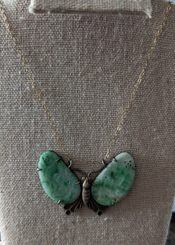 Vintage Sterling and Jadeite Carved Butterfly Nec… - image 1