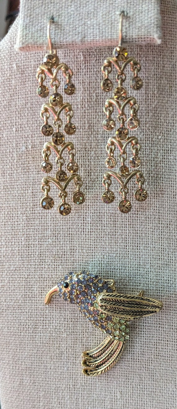 Monet Hummingbird Brooch and Chandelier Earrings