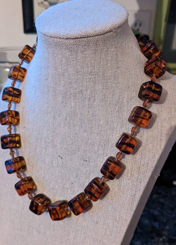 Vintage Tortoise Glass Cube Necklace 50s