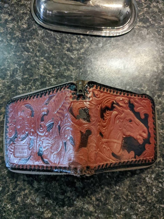 Vintage Leather Tooled Zipper Wallet Horse Gem