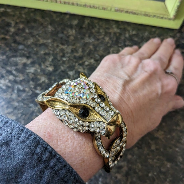 Fun Vintage Rhinestone Panther Clamper Bracelet