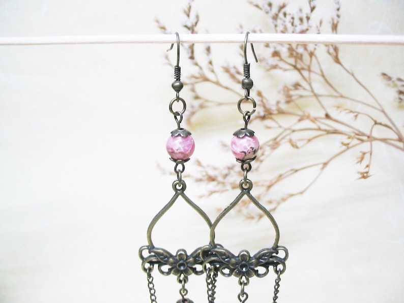 Rhodochrosite Earrings Chandelier Earrings Beaded Gemstone Earrings Vintage Earrings Boho Earrings Romantic Earrings Heart Chakra Jewelry