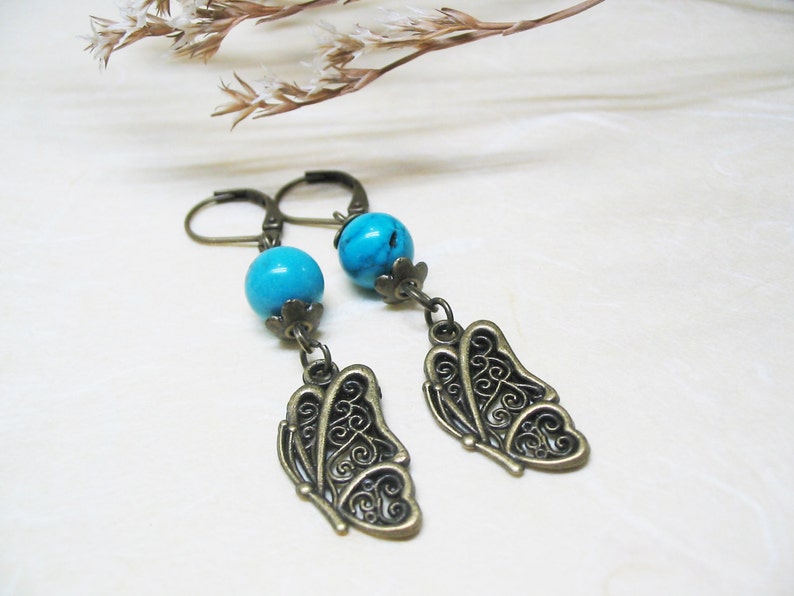 Turquoise Earrings Turquoise Jewelry Gemstone Earrings Vintage Earrings Dangle Earrings Romantic Earrings Butterfly Charm Crystal Jewelry