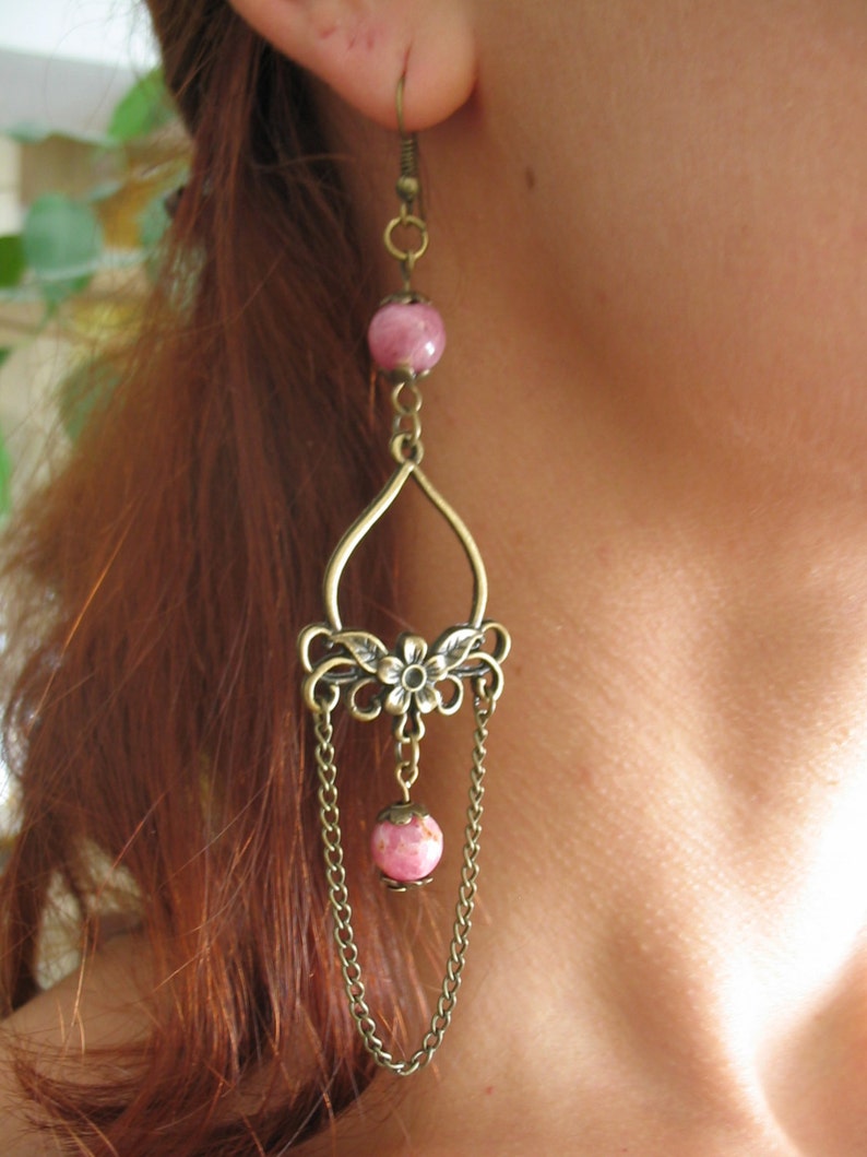 Rhodochrosite Earrings Chandelier Earrings Beaded Gemstone Earrings Vintage Earrings Boho Earrings Romantic Earrings Heart Chakra Jewelry