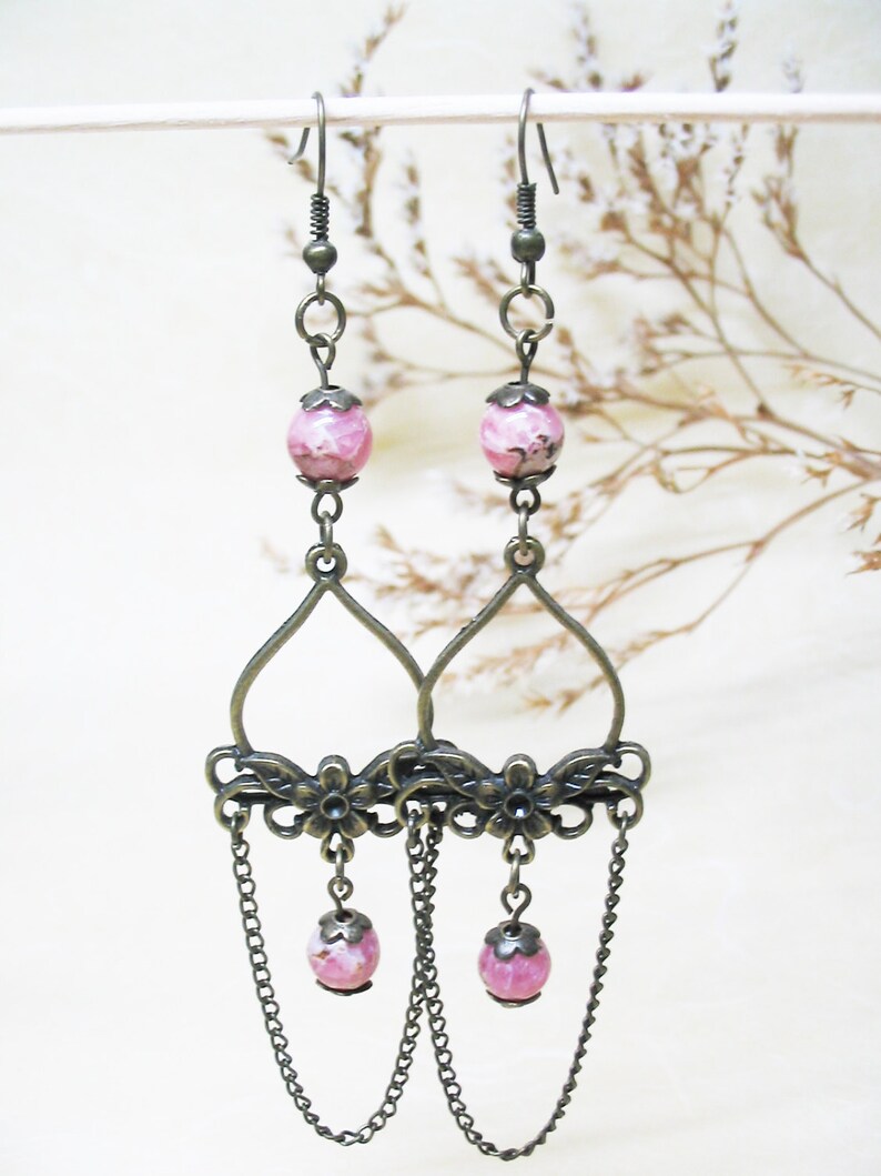 Rhodochrosite Earrings Chandelier Earrings Beaded Gemstone Earrings Vintage Earrings Boho Earrings Romantic Earrings Heart Chakra Jewelry