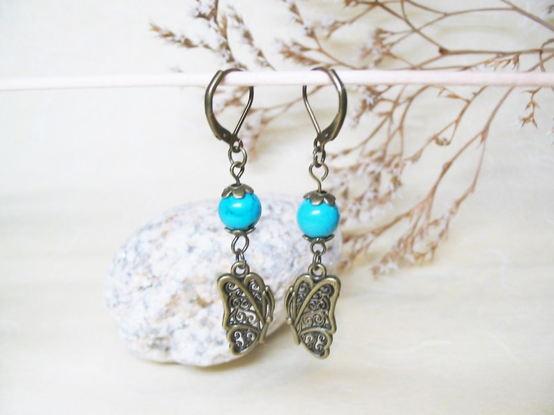 Turquoise Earrings Turquoise Jewelry Gemstone Earrings Vintage Earrings Dangle Earrings Romantic Earrings Butterfly Charm Crystal Jewelry