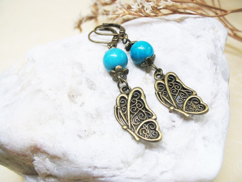 Turquoise Earrings Turquoise Jewelry Gemstone Earrings Vintage Earrings Dangle Earrings Romantic Earrings Butterfly Charm Crystal Jewelry