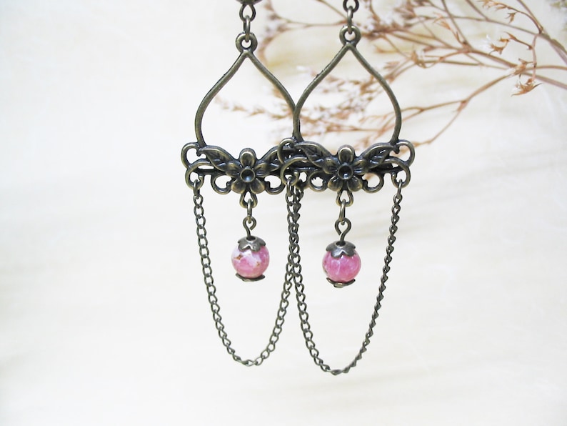 Rhodochrosite Earrings Chandelier Earrings Beaded Gemstone Earrings Vintage Earrings Boho Earrings Romantic Earrings Heart Chakra Jewelry