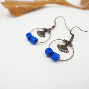 Creole earrings in blue and brass artisanal rolled paper beads image 2