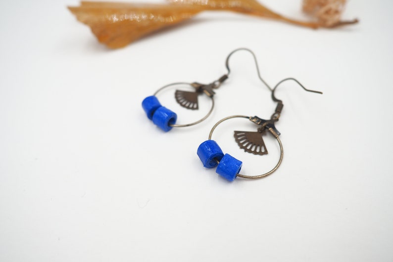 Creole earrings in blue and brass artisanal rolled paper beads image 2