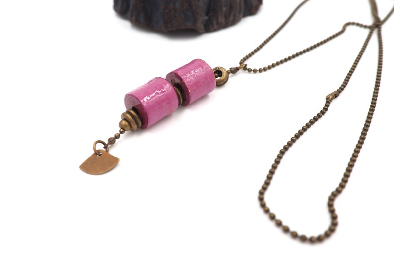 long necklace in pink and brass handmade paper beads image 1