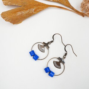 Creole earrings in blue and brass artisanal rolled paper beads image 1