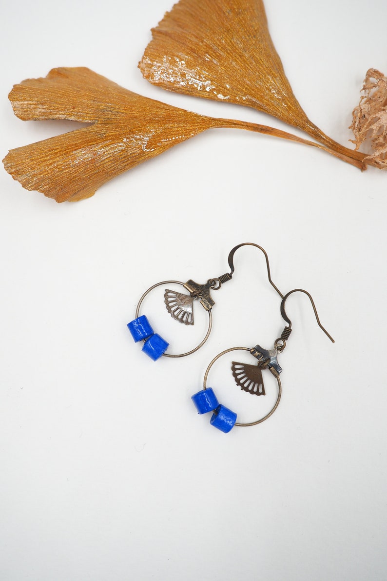 Creole earrings in blue and brass artisanal rolled paper beads image 1