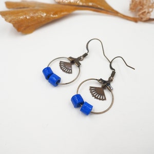 Creole earrings in blue and brass artisanal rolled paper beads image 3