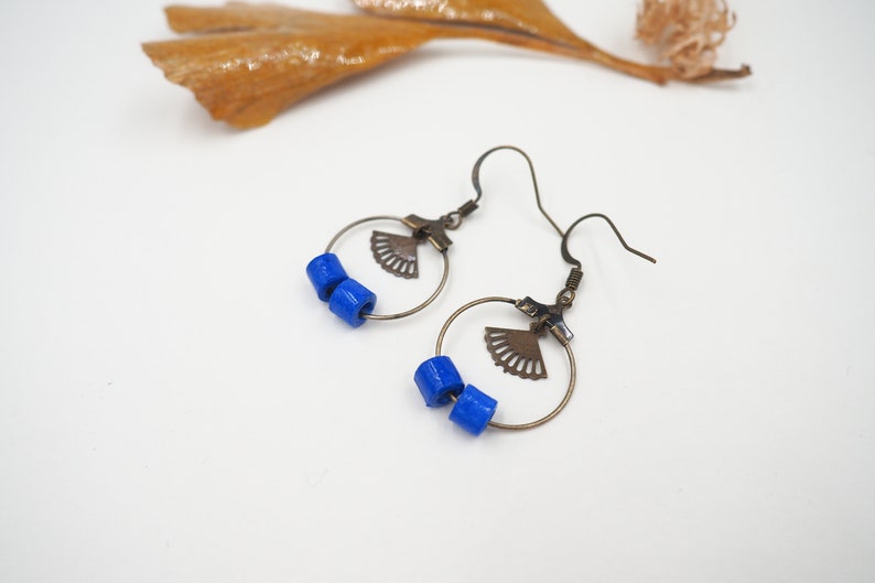 Creole earrings in blue and brass artisanal rolled paper beads image 3