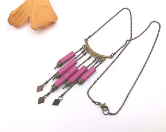 Korte roze ketting van handgeschept papier kralen en messing, damessieraden, retro ketting, cadeau-idee, damesketting, boho ketting