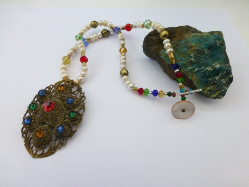 brass and crystal beaded necklace Vintage repurposed pendant with pearl