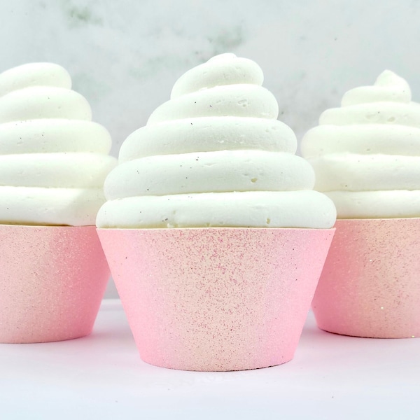 Light Pink Glitter Cupcake Wrappers, Pastel Pink Baby Shower