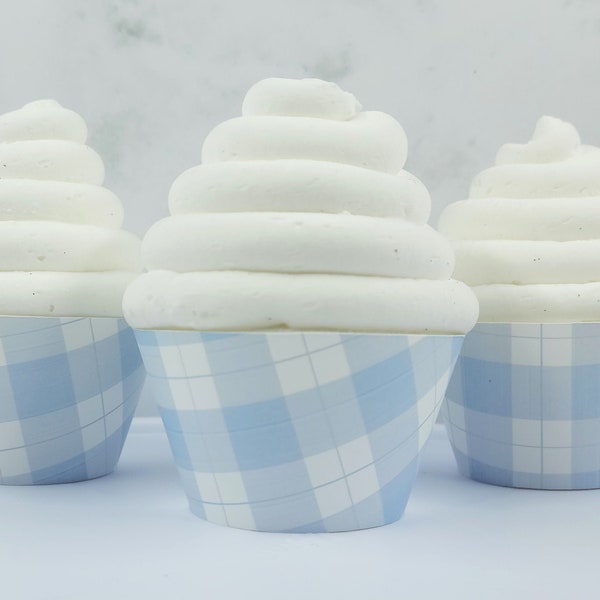 Baby Blue Gingham Cupcake Wrappers, Plaid Baby Shower