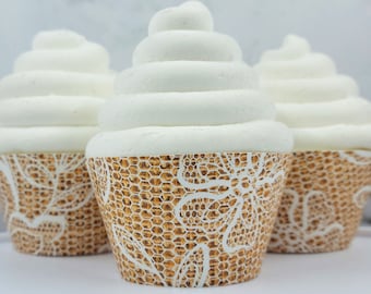 Burlap & Lace Cupcake Wrappers, Rustic Cakes