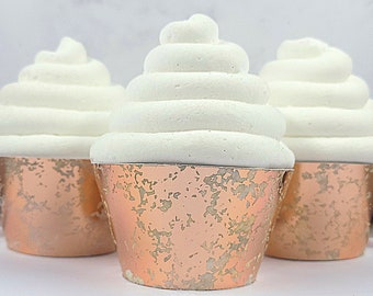 Rose Gold Mercury Glass Wedding Cupcake Wrappers, Rustic Elegant Wedding