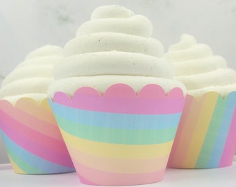 Striped Watercolor Pastel Rainbow Cupcake Wrappers, Unicorn, Rainbow Baby