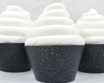 Black Glitter Cupcake Wrappers, Shiny Party Decorations