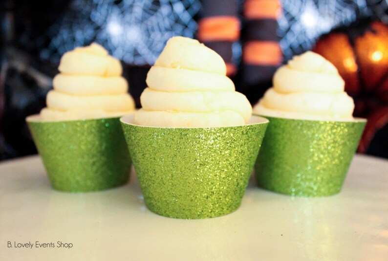 Lime Green Glitter Cupcake Wrappers, Halloween Decorations image 1