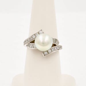 Platinum Pearl and Diamond Ring, Vintage Ring, Estate Ring, 9.5mm, South Sea Pearl