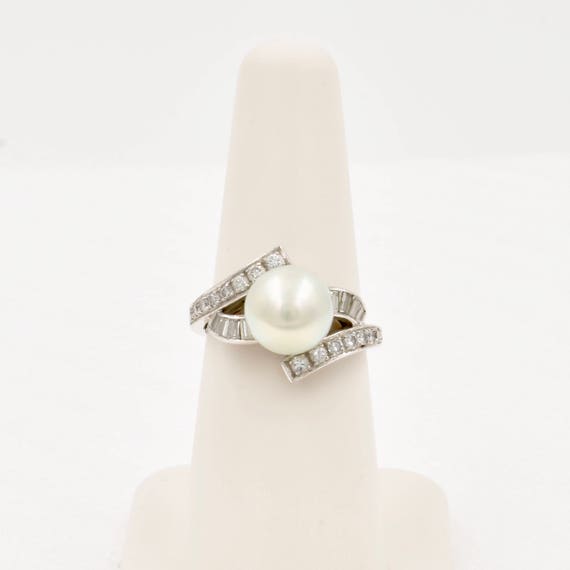 Platinum Pearl and Diamond Ring, Vintage Ring, Est