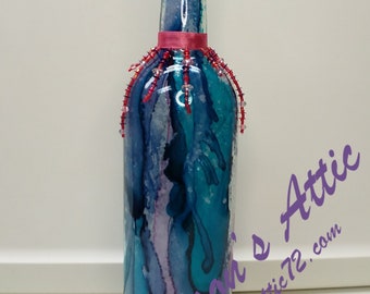 Blue, Turquoise and Pink Marbled Bottle Art; Home Decor; Vase; Alcohol Ink Bottle; Alcohol Ink Vase; Alcohol Ink; Labor Day