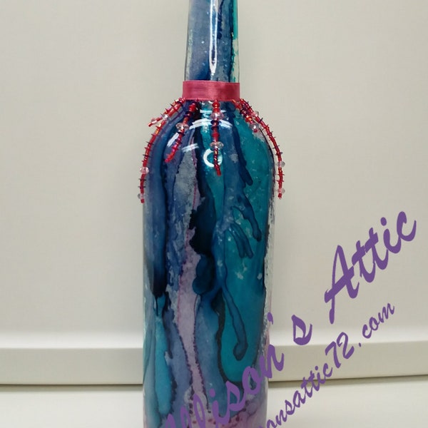 Blue, Turquoise and Pink Marbled Bottle Art; Home Decor; Vase; Alcohol Ink Bottle; Alcohol Ink Vase; Alcohol Ink; Labor Day