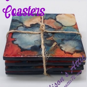 Ceramic Coasters; Set of 4; Square Coasters; Painted Coasters; Drink Coasters; Alcohol Ink Coasters; Alcohol Ink