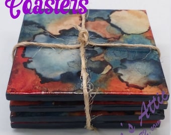 Ceramic Coasters; Set of 4; Square Coasters; Painted Coasters; Drink Coasters; Alcohol Ink Coasters; Alcohol Ink