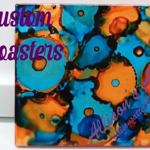 Ceramic Coasters; Set of 4; Square Coasters; Painted Coasters; Drink Coasters; Alcohol Ink Coasters; Alcohol Ink