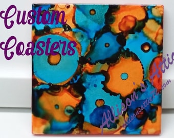 Ceramic Coasters; Set of 4; Square Coasters; Painted Coasters; Drink Coasters; Alcohol Ink Coasters; Alcohol Ink