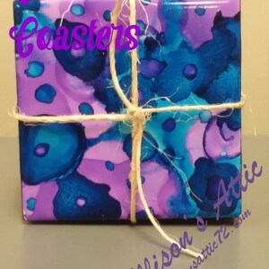 Ceramic Coasters; Set of 4; Square Coasters; Painted Coasters; Drink Coasters; Alcohol Ink Coasters; Alcohol Ink