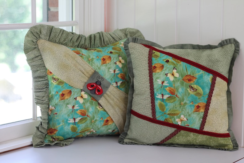 Botanical Dragonfly Patchwork Pillow Cover