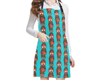 Personalized Option - Blue Chewie Print Kitchen Apron with Pockets - Tie-Back - Star Wars Inspired Fan Gift - Chewbacca - Turquoise & Brown