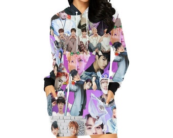 BTS Collage Allover Print Women's Pullover Hoodie Dress- K-Pop Inspired Hooded Sweatshirt - Bangtan - Jin Jungkook V J-Hope RM Jimin Suga